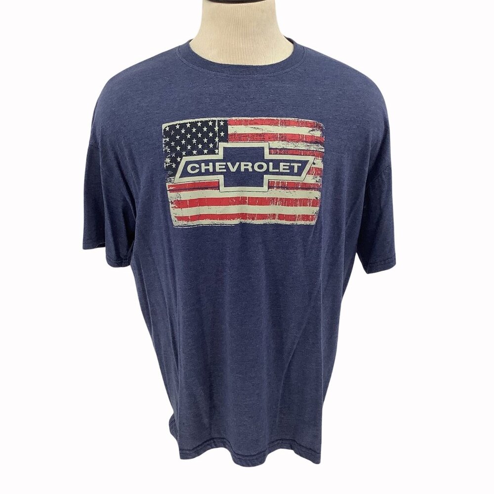 Chevrolet Vintage American Flag Graphic T-Shirt Navy Blue Soft Cotton Blend 2XL